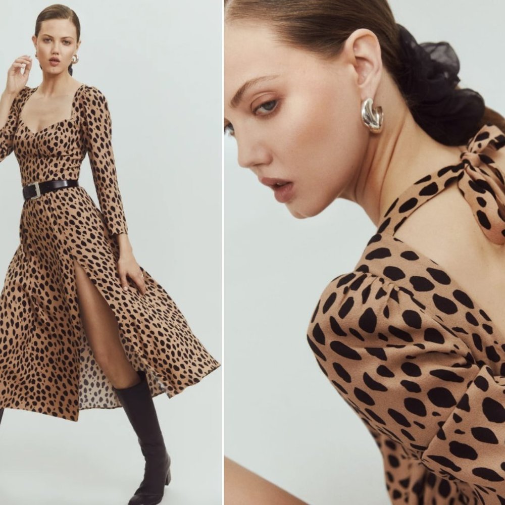 Reformation Mara Bobcat Animal Print Open Back Dress